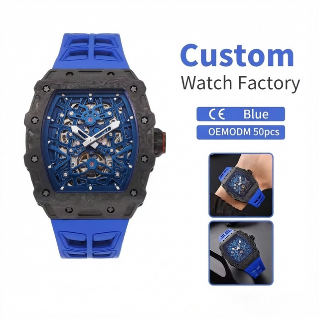 New Design Ultra-thin Carbon Fiber Dial Mechanical Watch 3atm Waterproof Blue Rubber Strap Watch For Men