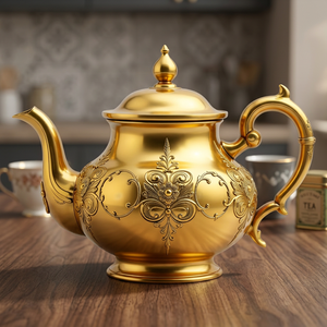 Théière vintage dorée avec couvercle et poignée, pot à eau en métal au design décoratif - Product Image 6