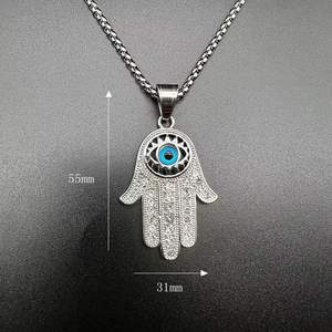 Commercio all'ingrosso Hip Hop in acciaio inox blu occhio collana pendente Fatima <span class=keywords><strong>Hamsa</strong></span> mano portafortuna ciondolo con collana a catena (BN147) - Product Image 6