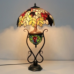 LongHuiJing European 16-Inch Tiffany Style Stained Glass Dome <b>Table</b> <b>Lamp</b> with Leaf Motif AC Powered LED Colored Glass <b>Base</b> - Product Image 2