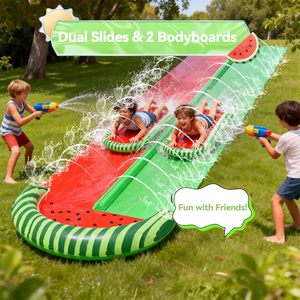 Watermelon-themed Dual Lane Water <b>Slide</b> with 2 Bodyboards and Sprinklers - Product Image 3