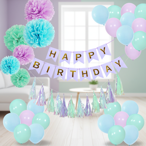 Eastern Fancy Paper Mermaid Themed Birthday Party Decoration Kit Pompoms <strong>Tassels</strong> <strong>Balloons</strong> Light Purple/Light Blue/Mint Wall - Product Image 4