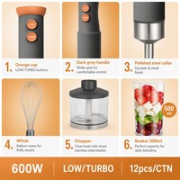Mixeur Plongeant 600W 4-en-1 en Acier Inoxydable Chromé Robuste avec 2 Vitesses, Fouet, Hachoir et Bol – Certifié VDE pour Cuisine