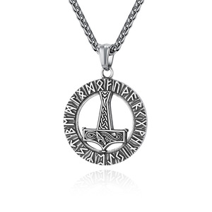 Vintage Nordic Viking Rune Thor's Hammer <b>Titanium</b> Steel Necklace with Rune Text Pendant - Hot Selling Jewelry in Europe and Amer - Product Image 1