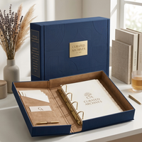 Porte-documents de luxe bleu avec plaque métallique et motif gaufré, étui de présentation haut de gamme pour documents professionnels