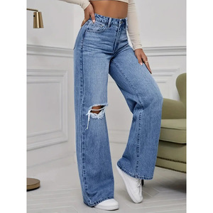 Jeans pour femmes à taille haute, coupe droite ample, déchirés, streetwear, denim bleu clair tendance - Product Image 4
