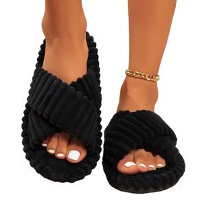 Chaussons pour femmes en velours côtelé à bout ouvert, automne-hiver, intérieur-extérieur, semelle épaisse, chaud, PVC, ouverture à une sangle, semelle en mousse - Product Image 1