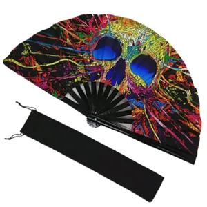 Promotional Hot Sales Large Outdoor Video Customized Bamboo Hand Fan Checkerboard Ink Printing Tint Cloth rave fan Model Painted