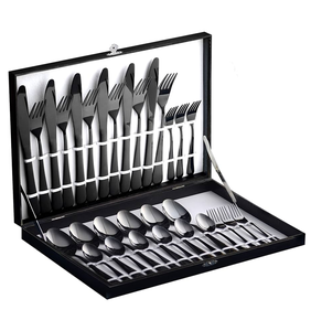 30-Piece Classic Black Metal <b>Flatware</b> <b>Set</b> Sustainable Giveaways Includes 4 Knives Mirrored Stainless Steel Wood Horn Resin - Product Image 2