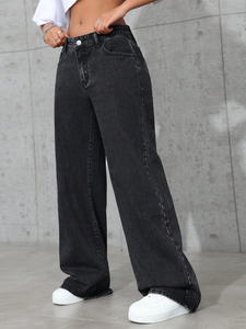 <span class=keywords><strong>Pantalon</strong></span> en jean ample à jambes larges pour femmes, noir et gris, élégant, respirant, lavable, denim, taille mi-haute, décontracté, simple, coupe ample, été, trou - Product Image 4