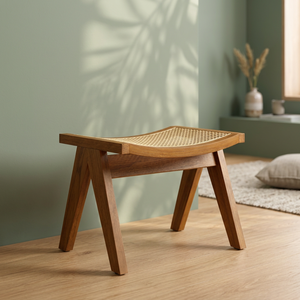Premium Solid Teak Wood Ottoman Natural Rattan Cane Webbing Inverted V Leg <b>Footstool</b> - Product Image 3