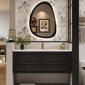 Retro black bathroom cabinet combination French oval mirror cabinet bathroom light luxury washbasin - Product Image 1