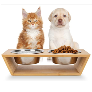 Mangkuk Kucing Besi Tahan Karat Mangkuk Makan Hewan Anjing Bambu Kayu Tempat Makan Berdiri Mangkuk Kucing dengan Mangkuk Keramik Ganda - Product Image 3