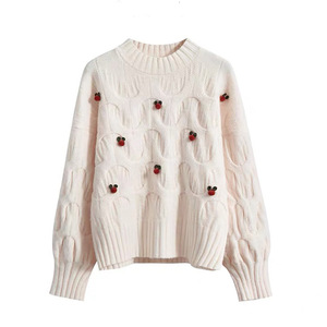 Pull épais à col rond pour femme Zhan Ya, manches longues, tricot ample avec broderie, anti-boulochage, vêtements d'hiver - Product Image 1