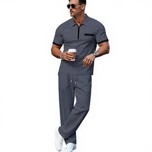 Men's Winter Solid Casual Fleece Knitted Cotton Quarter-<b>Zip</b> Short Sleeve Polo Shirt Set Pockets Matching Pants Breathable Quick - Product Image 2