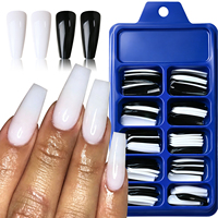 100 Uds./Caja Puntas de Uñas Postizas Largas Negras y Blancas Sólidas, Brillantes, de Cobertura Completa, Estilo Bailarina, Rectas y Cónicas para Extensión de Uñas