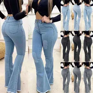 بيع بالجملة أزرق صديقها Pantalones De Mujer للنساء مضيئة جرس أسفل بنطلون جينز عالي الخصر مقاس كبير جينز دنيم للنساء