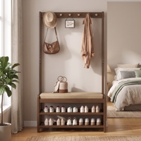Banc d'entrée en bambou avec porte-manteau, support autoportant pour vêtements avec banc à chaussures rembourré, crochets de suspension