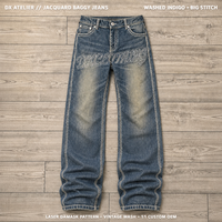 Jean Baggy Jacquard 14oz Indigo Personnalisé Atelier, Motif Damassé Laser, Grandes Coutures, Lavage Vintage, Pantalon Empilé, Streetwear OEM ODM