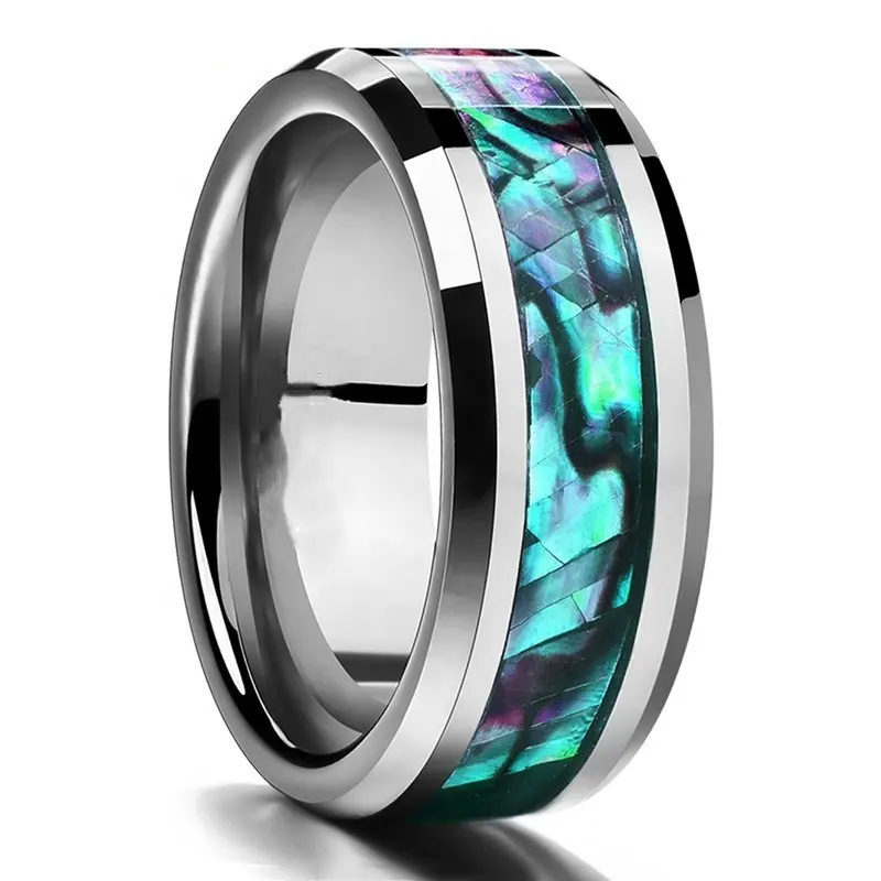 Fine Jewelry 8MM Inlaid Abalone Shell Beveled Steel Stainless Steel Ring for Men Women Jewelry