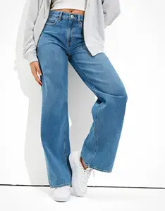 Lässige High Waist Classic Hose Breites Bein Lose zerrissene Hose Denim Damen Jeans Knie Rip Baggy Boyfriend Jeans