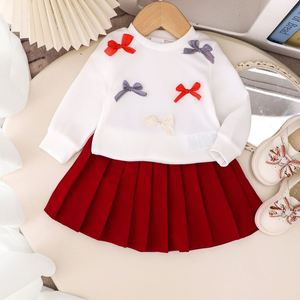 Conjunto <span class=keywords><strong>de</strong></span> Ropa para Niñas, Primavera, Blusa Blanca <span class=keywords><strong>de</strong></span> Manga Larga con Lazo, Falda Plisada Roja Vino, Dulce <span class=keywords><strong>y</strong></span> Lindo - Product Image 1