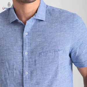 Giantextile Custom Made sıcak satış erkek gömleği pamuk keten en kaliteli kısa kollu mavi katı rahat gömlek erkekler için