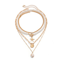 Collier de vacances pour femme tendance, perles imitation, alliage de zinc électroplaqué, étoile de mer et coquillage, style rétro, pour la plage