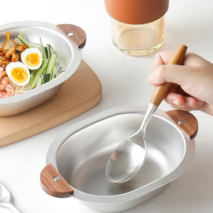 Bols en acier inoxydable avec manche en <span class=keywords><strong>bois</strong></span> Bol créatif en forme d'ours coréen Assiette à céréales Bol à salade à dessert <span class=keywords><strong>double</strong></span> face en noyer - Product Image 4