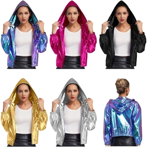 Traje de Danza Lírica Blanco para Mujer, Chaqueta Corta Metálica con Capucha Holográfica, Abrigo Moderno para Usar en la Calle, Danza Jazz - Product Image 1