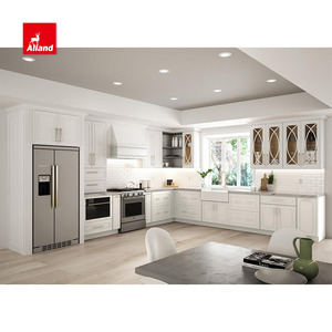 Allandcabinet <span class=keywords><strong>2025</strong></span> phổ biến truyền thống MDF lõm tủ bếp với đá thạch anh Countertop với mullion thiết kế cửa kính - Product Image 1