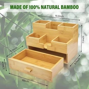 Bamboo Office Organizer Rectangle 1L <b>Storage</b> <b>Box</b> For Study Desk Tidy Stationery Holder With <b>Drawer</b> - Product Image 5