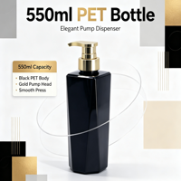 Bouteille pompe PET 550 ml avec tête de pompe dorée, contenant élégant et angulaire pour shampoing et gel douche, emballage personnalisé OEM
