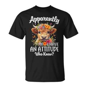 T-shirt imprimé vache des Highlands, design « Apparemment, j'ai une attitude, qui savait ? », noir, adulte, unisexe - Product Image 1