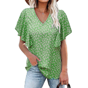 เสื้อเชิ้ตแฟชั่นผู้หญิง แขนสั้น คอวี ลายดอกไม้ จับจีบระบาย ขายดี - Product Image 1