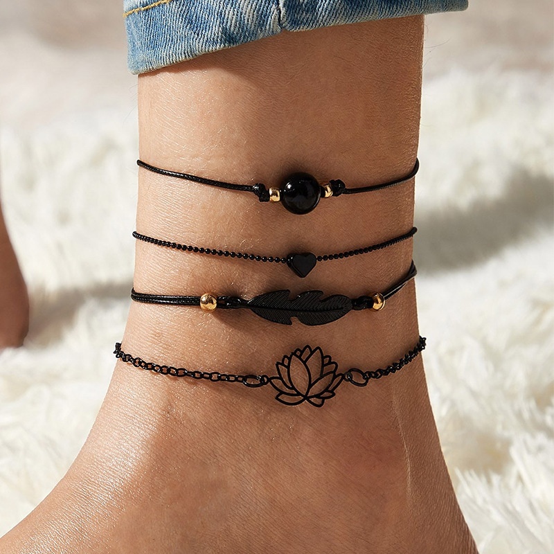 2025 Ethnic Black Beaded Anklet Acrylic Leaf Love Heart Anklet Stackable Lotus Anklet For Women Jewelry Gift