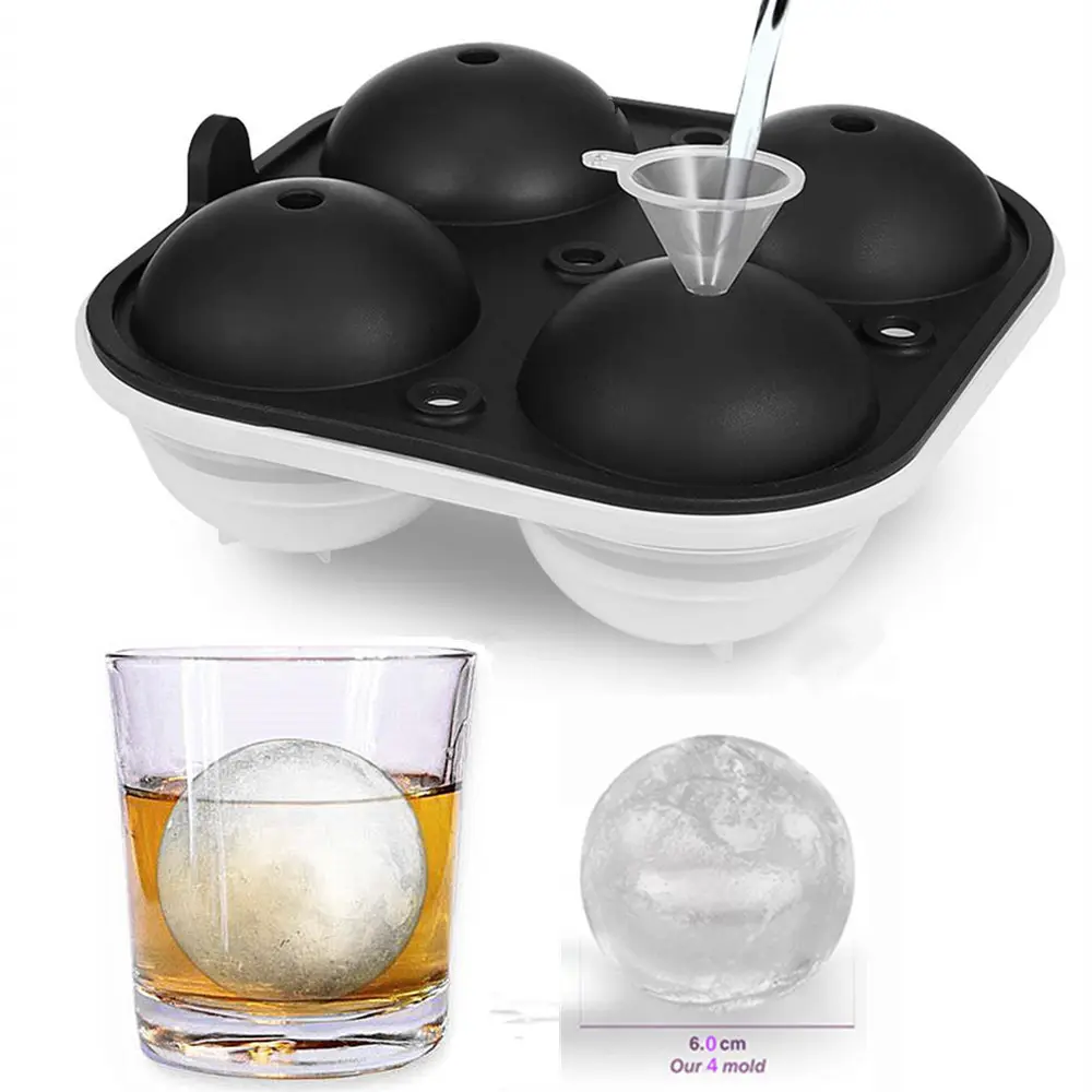 BHD Reusable BPA free Flexible Easy Release Cocktails 2.5 Inch Large Ice Sphere Mold Silicone Whiskey Ball Round Ice Trays