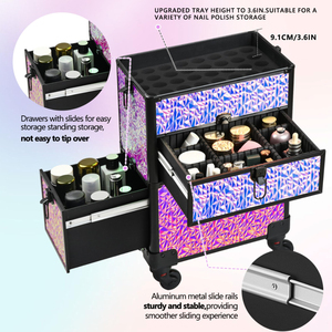 <b>Professional</b> Double Aluminum <b>Makeup</b> Train <b>Case</b> Rolling Cosmetic Trolley with Tray Black Storage Organizer for Travel Salon - Product Image 6
