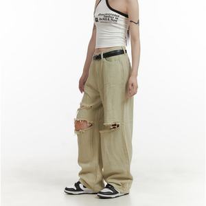Jeans Baggy Desgastados Color Caqui para Mujer, de Alta Calidad, con Logotipo Personalizado Slvow, Jeans Apilados a la Moda - Product Image 3
