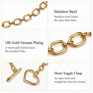 Collier à chaîne avec fermoir cœur en acier inoxydable plaqué or 14K sous vide, maillons ovales, 54 cm, options ton or et argent - Product Image 4