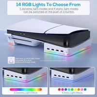 Dudukan Horizontal dengan Lampu LED RGB untuk Konsol PS5 Slim, Aksesoris Penyangga dengan 4 Port USB dan 14 Lampu RGB Warna-warni