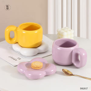 Korean Style Chubby Coffee <b>Cup</b> <b>Set</b> 501-600ml Ceramic Heat Resistant Purple Solid Color Breakfast Mug With <b>Saucer</b> Customizable - Product Image 5