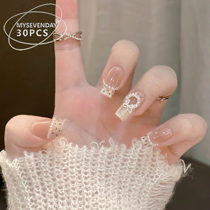 <span class=keywords><strong>Uñas</strong></span> Postizas Hechas a Mano con Diseño de Ojo de Gato, Estilo Francés de Alta Gama con Lazo de Perlas, para Chicas Modernas y Dulces - Product Image 2