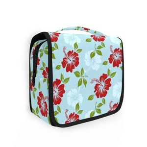 กระเป๋าเครื่องสำอางพับได้แบบพกพา ทนทาน ผลิตจากโพลีเอสเตอร์ ลายดอกไม้ฮาวาย ฮิบิสคัส  พร้อมโลโก้สั่งทำพิเศษ  ใช้จัดระเบียบของใช้สำหรับเดินทาง พร้อมหูแขวน - Product Image 2