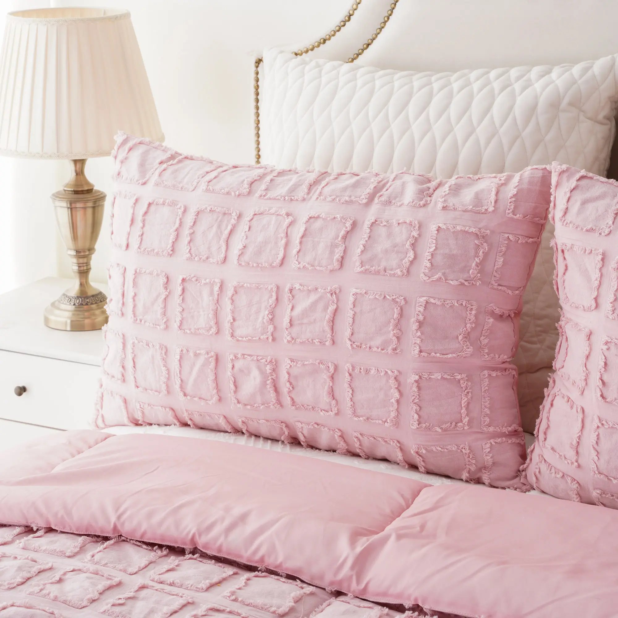 Tất cả các mùa Cô Gái Màu Hồng tồi tàn Chic Boho Bohemian kết cấu Comforter Set bedding Set baffle Thiết kế hộp chần Duvet cover Set