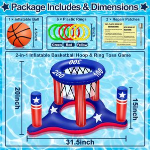 Édition limitée Ensemble de jeux de piscine gonflables d'été avec drapeau américain, comprenant un panier de basket flottant et un jeu de lancer d'anneaux, pour adolescents et adultes - Product Image 2