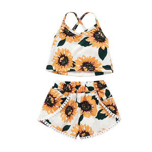 Hat Sale Fashion Sun Flower Printing <b>Fringed</b> Lace Kids Girl Clothes 2pcs Set - Product Image 1