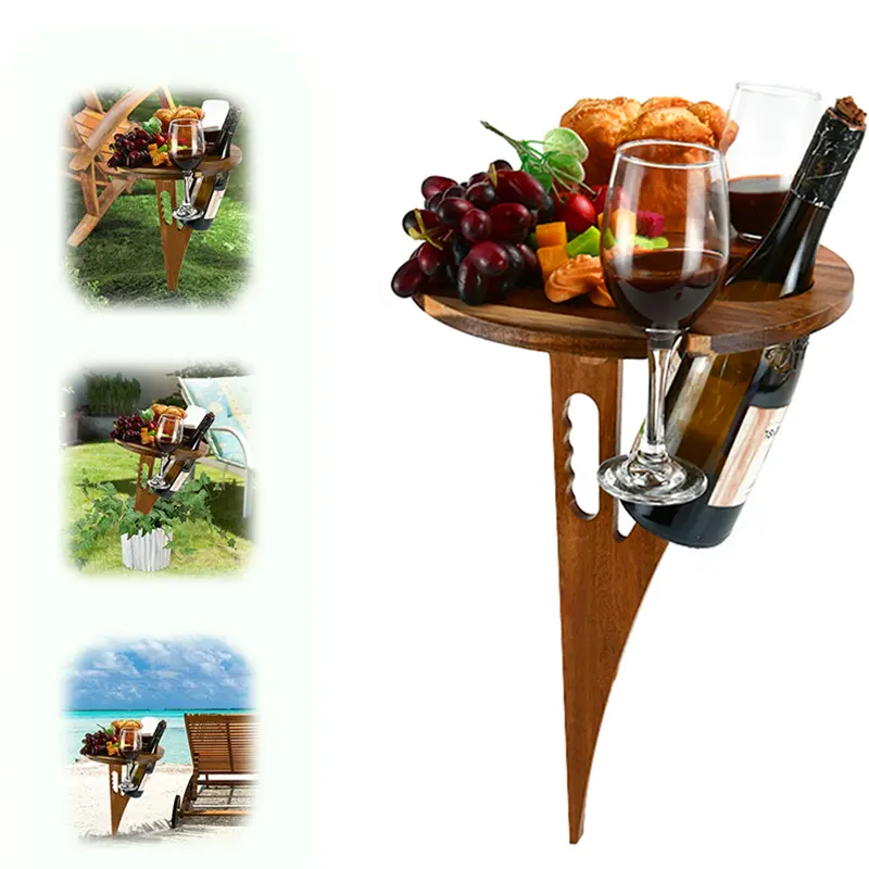 מתקפל יין כוס מחזיק תצוגת קמפינג עץ תליית Rack פיקניק שולחן חוף גביע מדף חיצוני נייד יין שולחן
