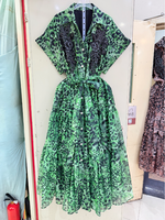 Robe longue mi-mollet imprimé léopard pour femme, col à revers, manches courtes, broderie dentelle, ceinture, volants étagés, pour l'été, les fêtes et la plage