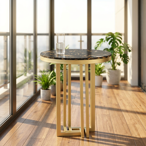 Table d'appoint ronde en métal de style luxe en laiton AK finie en or avec dessus en marbre Table d'extrémité de meubles faits à la main pour meubles de restaurant - Product Image 1